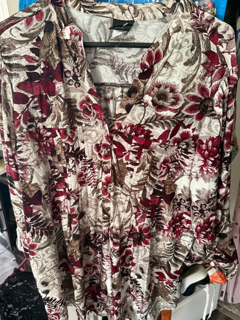Floral V-Neck Tunic Top - Burgundy, Brown & Cream